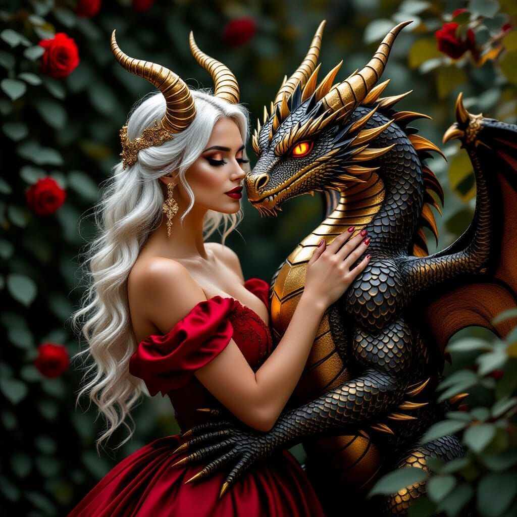 Demon Woman Embracing Golden Dragon in Black Rose Garden