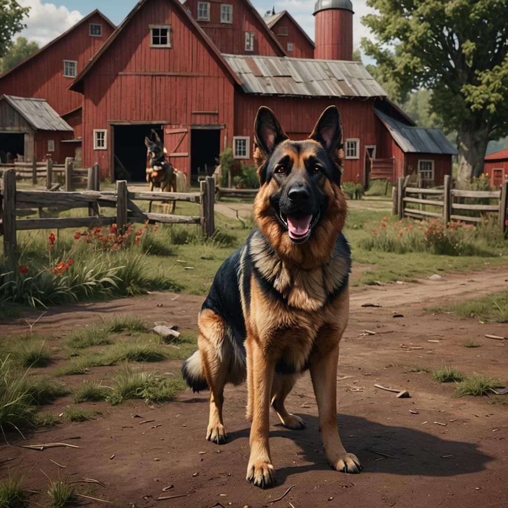 German Shepherd Barking in Front of Barn
