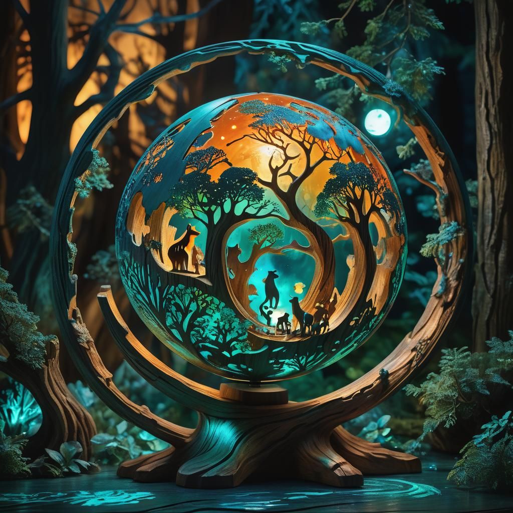 Glowing Globe Sculpture with Carved Wood Relief