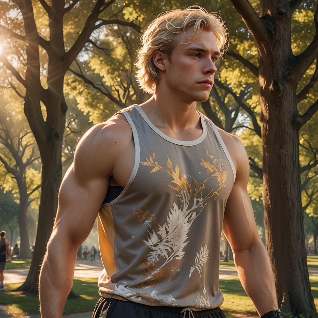 Athletic Man in Park at Dawn: Fantasy Matte Painting