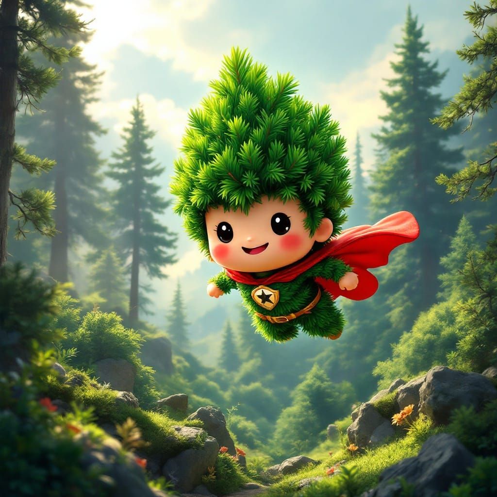 Whimsical Chibi Pine Tree Hero Soars Over Verdant Forest