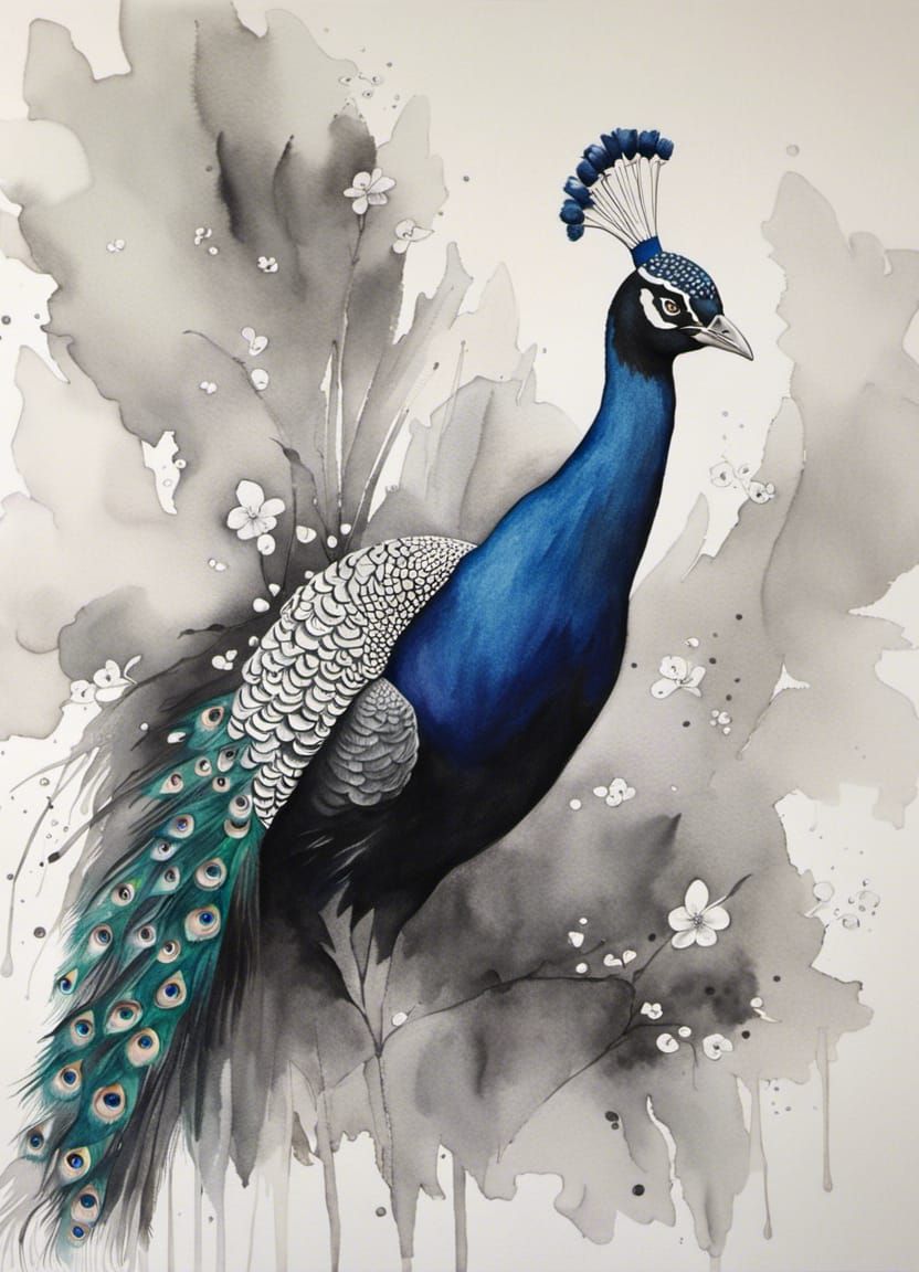 Monochrome Watercolor Peacock Portrait