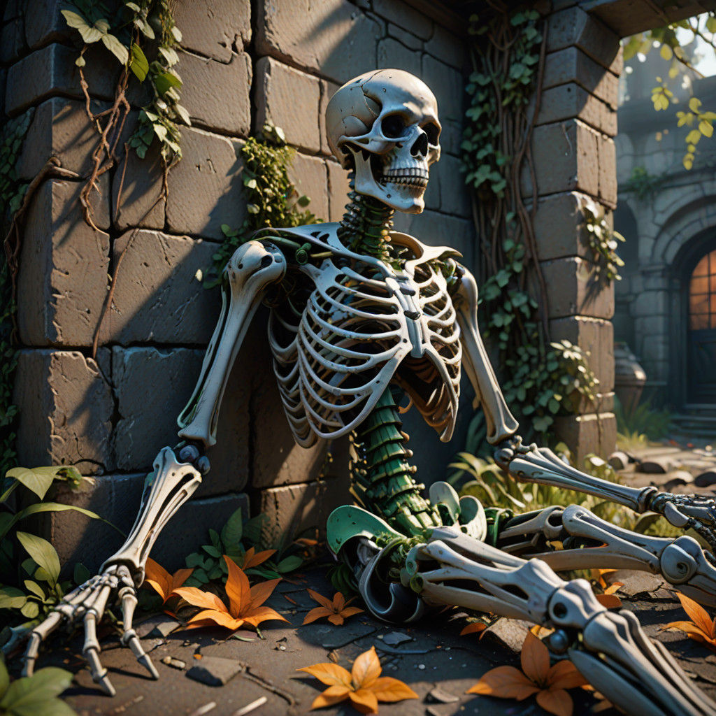 Fantastical Decay: A Mummified Skeleton's Dark Refuge