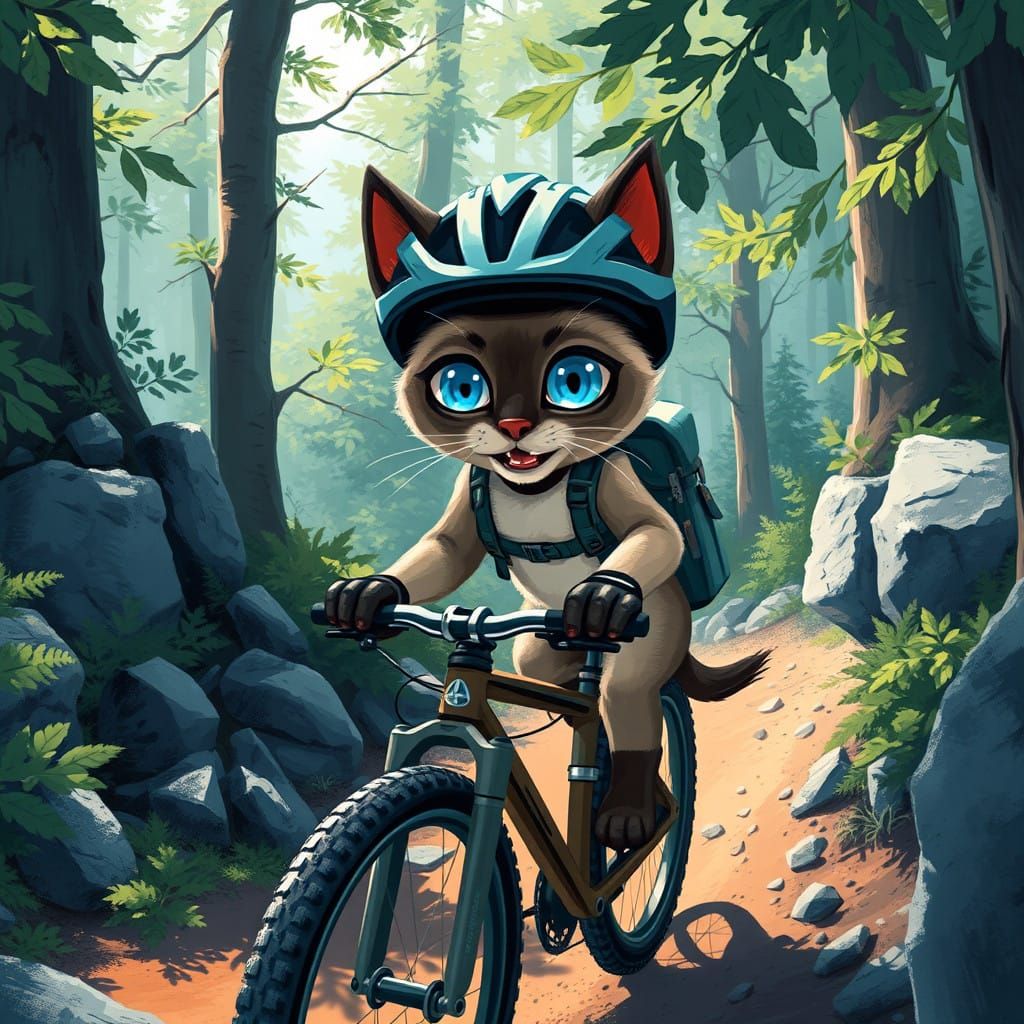 Siamese Kitten Conquers Futuristic Mountain Bike Trail
