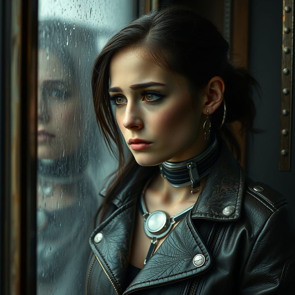 Cyborg Woman Gazing out Rainy Window