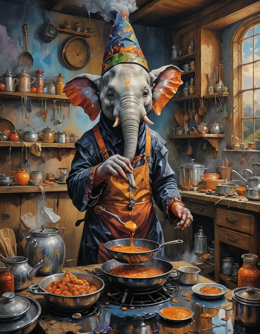 Pierrot Elephant Cooks in Witch's Kitchen: Oil Painting