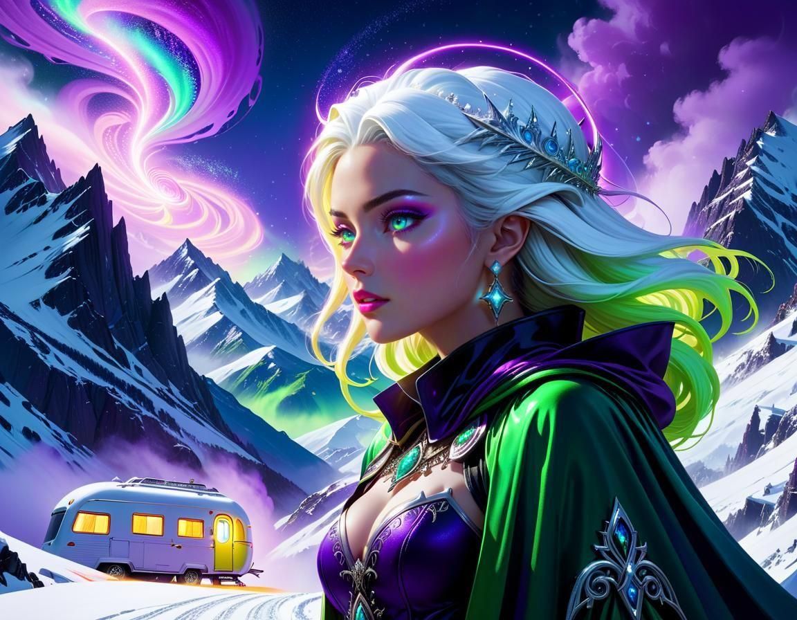 Snow Goddess Watching Over Mountain Caravan in Gothic Art