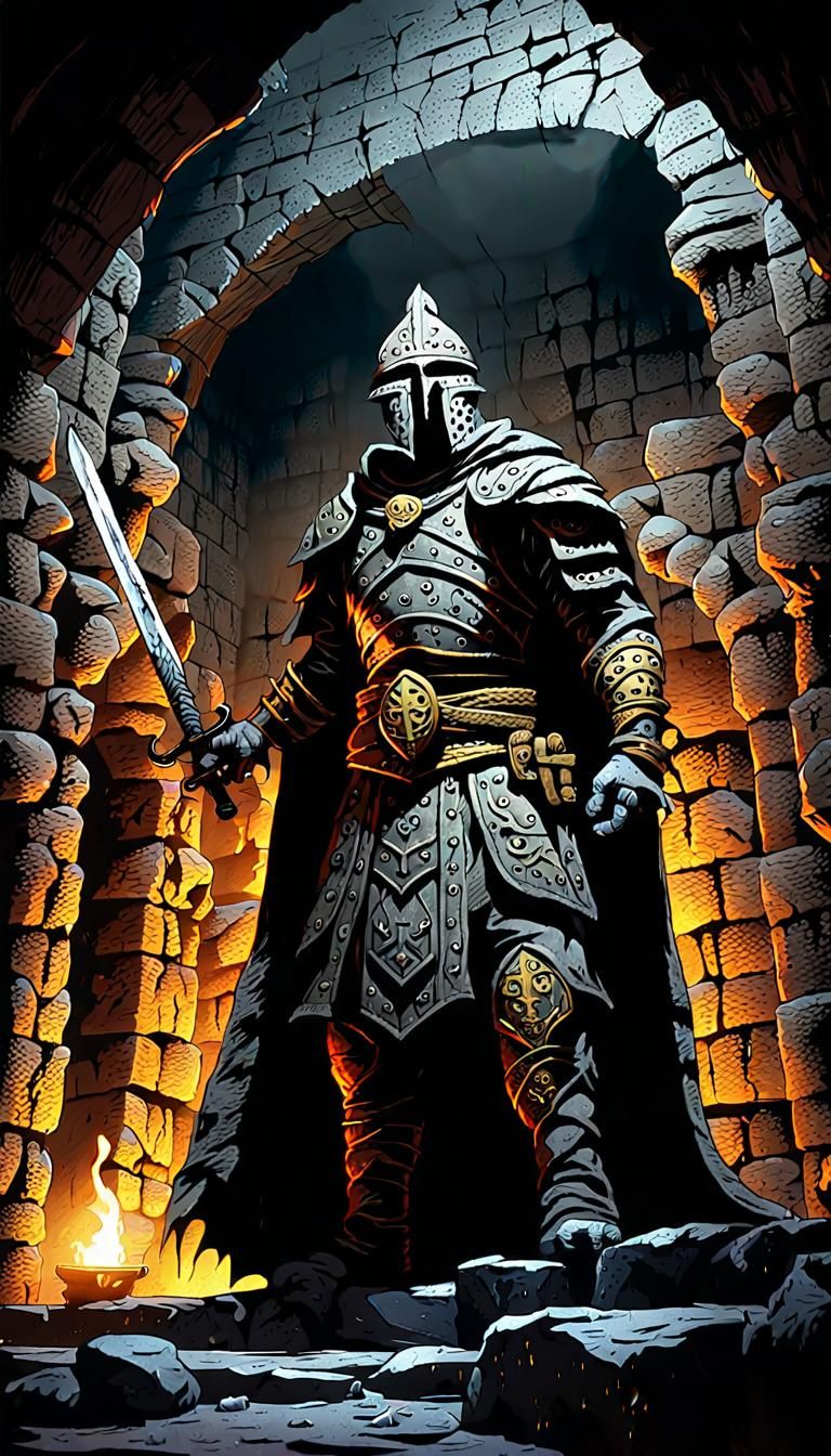 Dark Fantasy Warrior in Ominous Dungeon