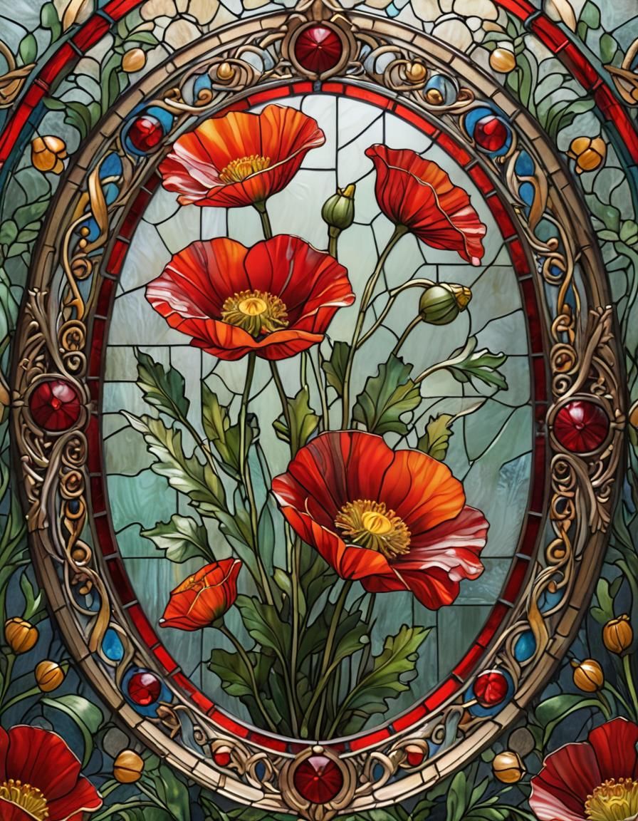 Vibrant Stained Glass Poppy Flower Art