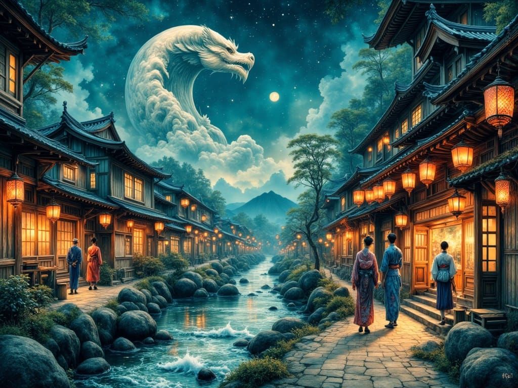 Japanese Seaside Village at Twilight in Ukiyo-e Style