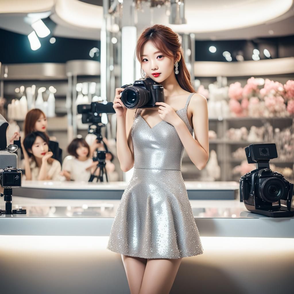 Gorgeous Korean Woman in Silver Dress with Camera