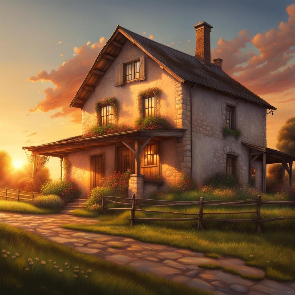 Idyllic Farmhouse at Sunset in Splash Art Style