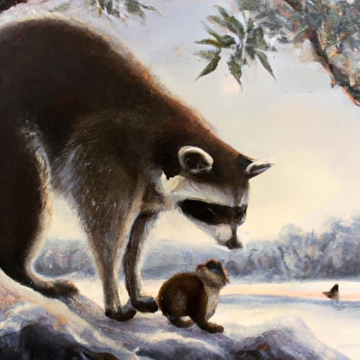 Raccoon and Puppy Play in Snowy Field, Oil Painting