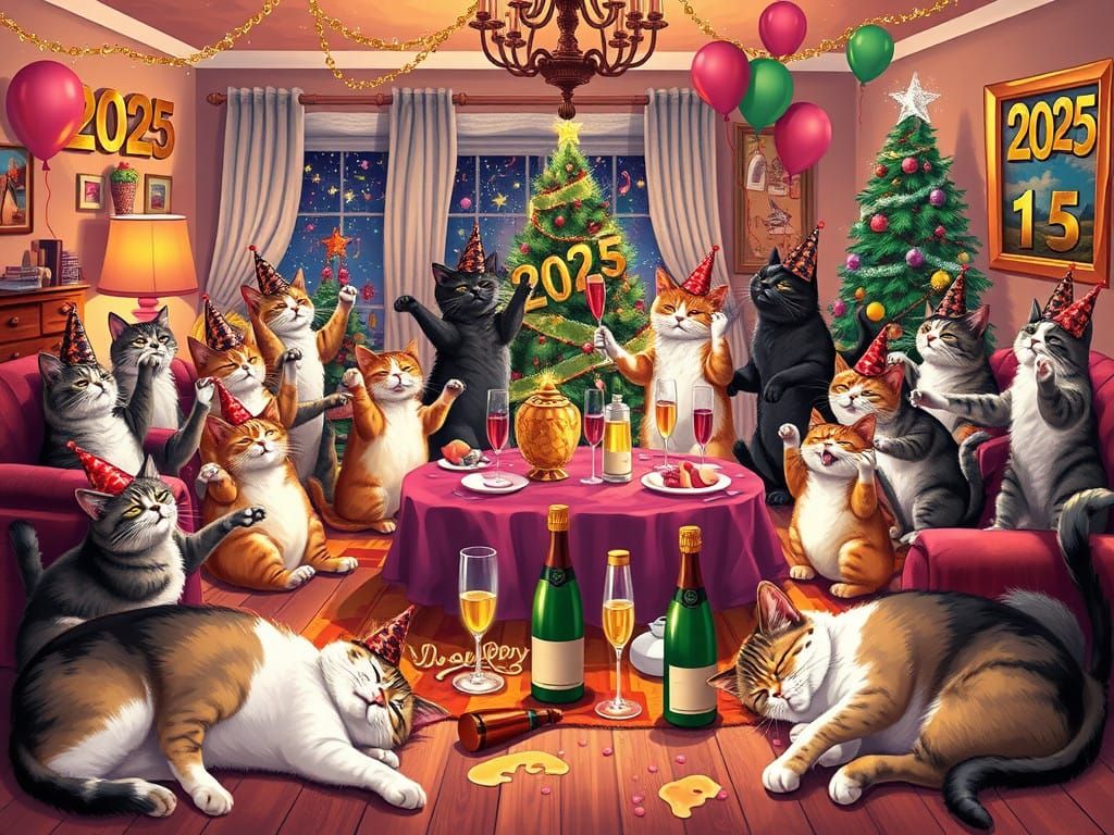 Feline New Year's Eve Party in a Whimsical Living Room