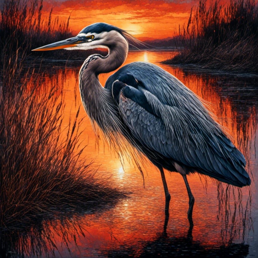 Great Blue Heron Watercolor at Sunset