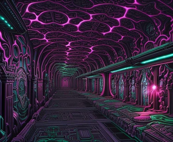 Dark Biomechanical Corridor Design Inspired by Dan Mumford and HR Giger II