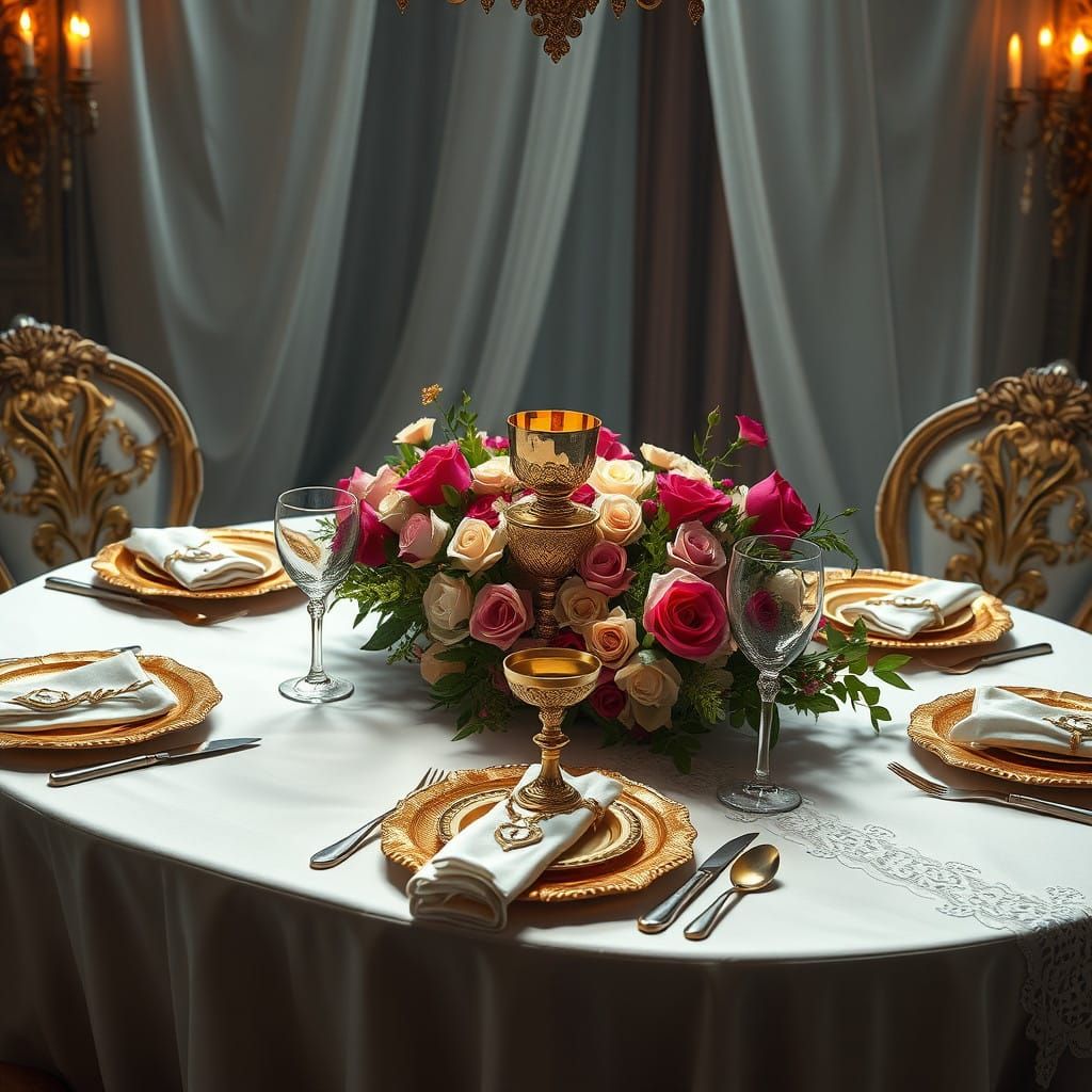 Sabbath Table Setting in Opulent Style with Golden Accents a...