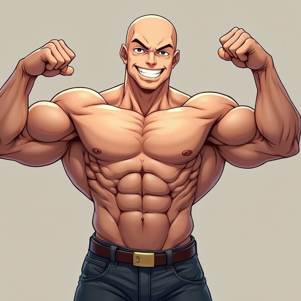Muscular Bald Man Flexing Double Biceps in Realistic Anime S...