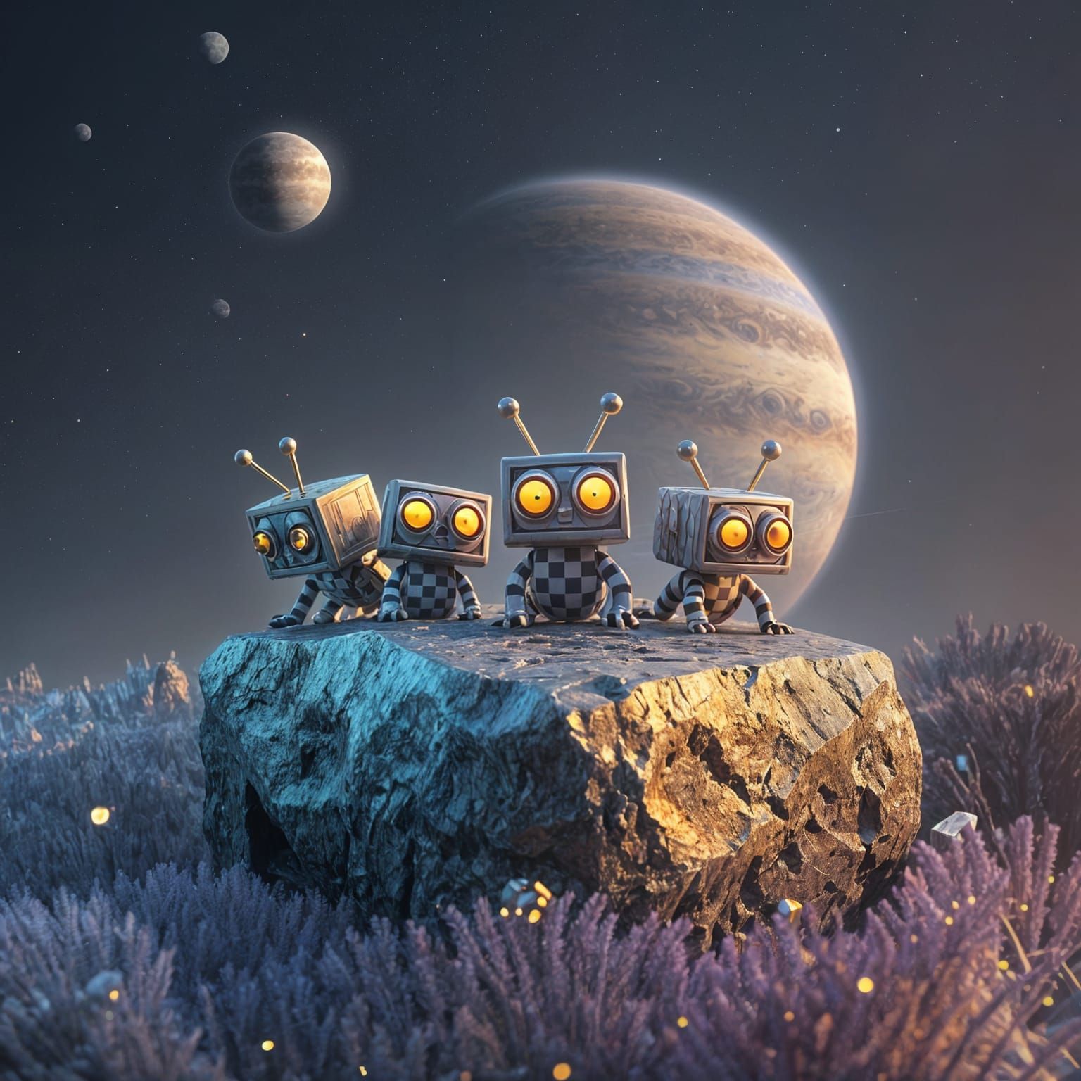 Surreal Cubic Dreamscape with Square Creatures and Flowers