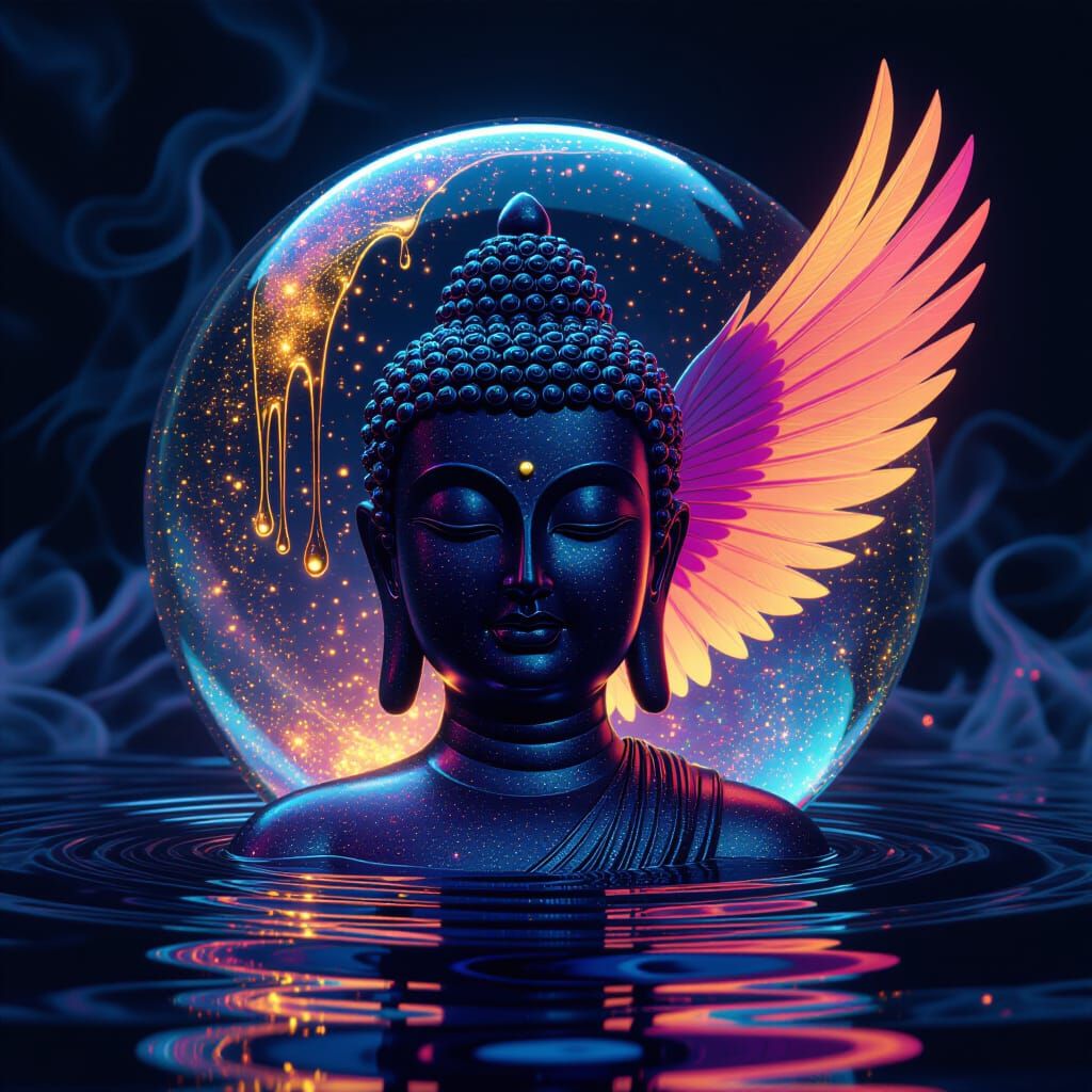 Underwater Buddha in Iridescent Sphere with Water Wing