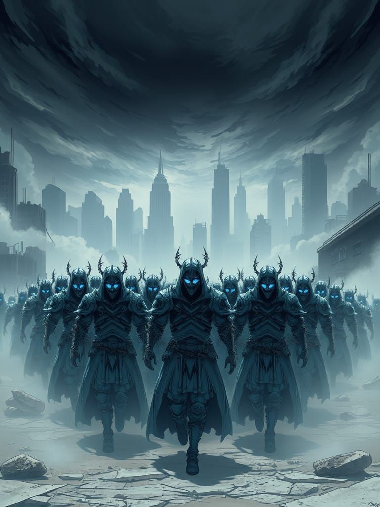 Phantom Warriors March Through Ruined City in Cel-Shaded Ani...