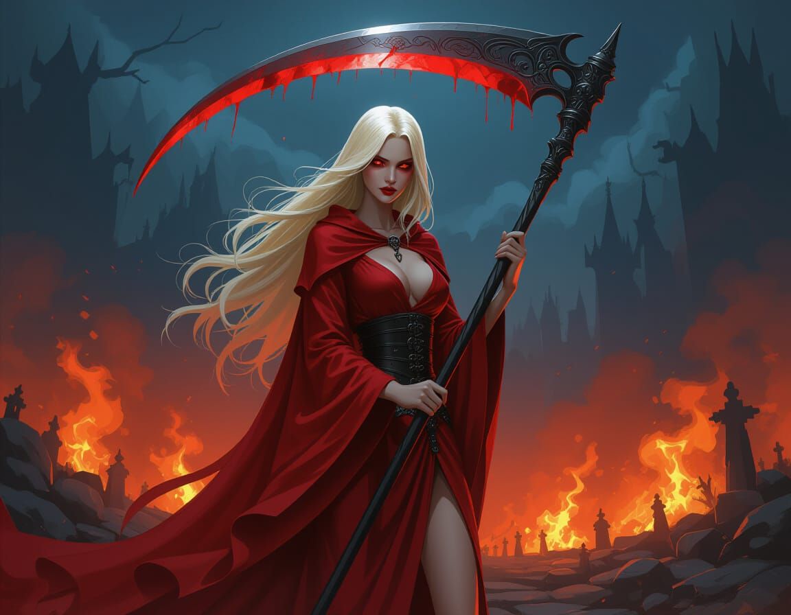Death Maiden with Crimson Wings and Scythe in Hellscape