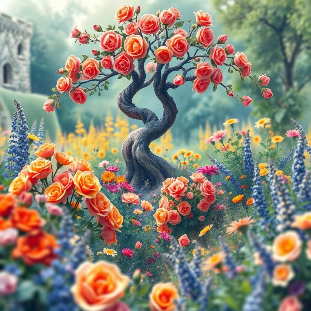 Blooming Garden Landscape in Watercolor Style