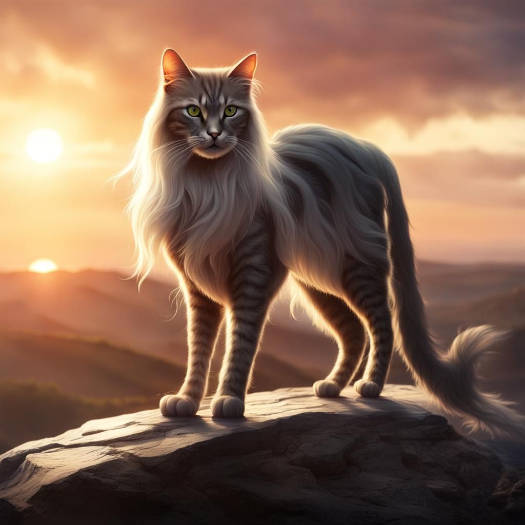 Armored Cat Warrior in Fantasy Landscape