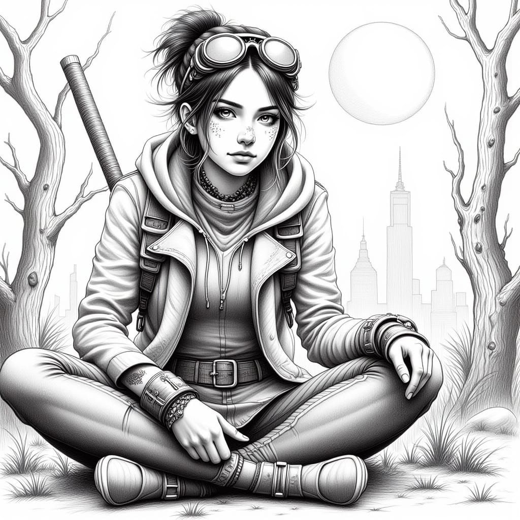 Gritty Post-Apocalyptic Young Woman in Cyberpunk Pencil Sket...