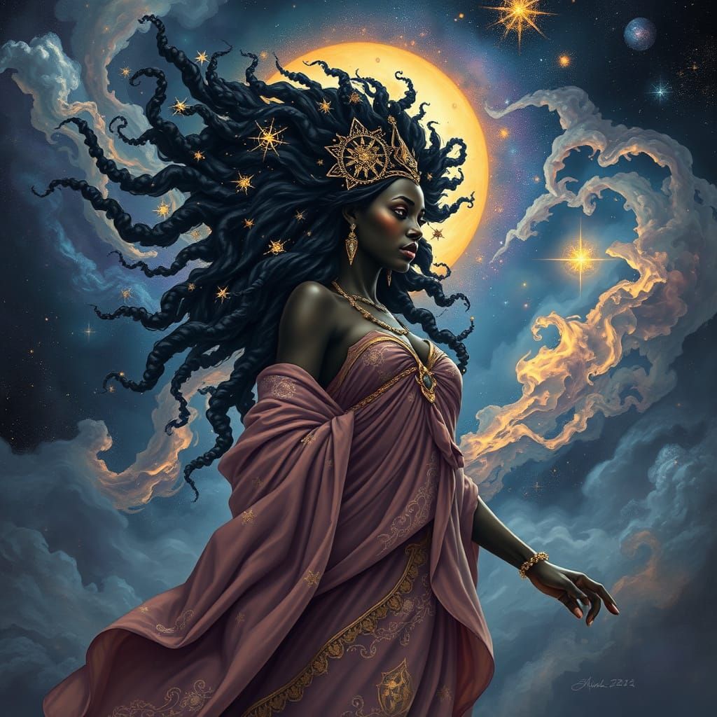 Orisha Emerges from Cosmic Dust in Art Nouveau Style