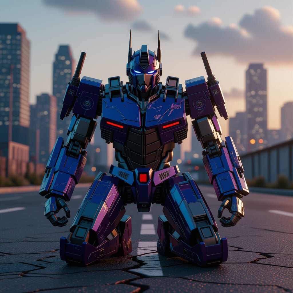 Optimus Prime Kneeling, Glistening Armor in 8K