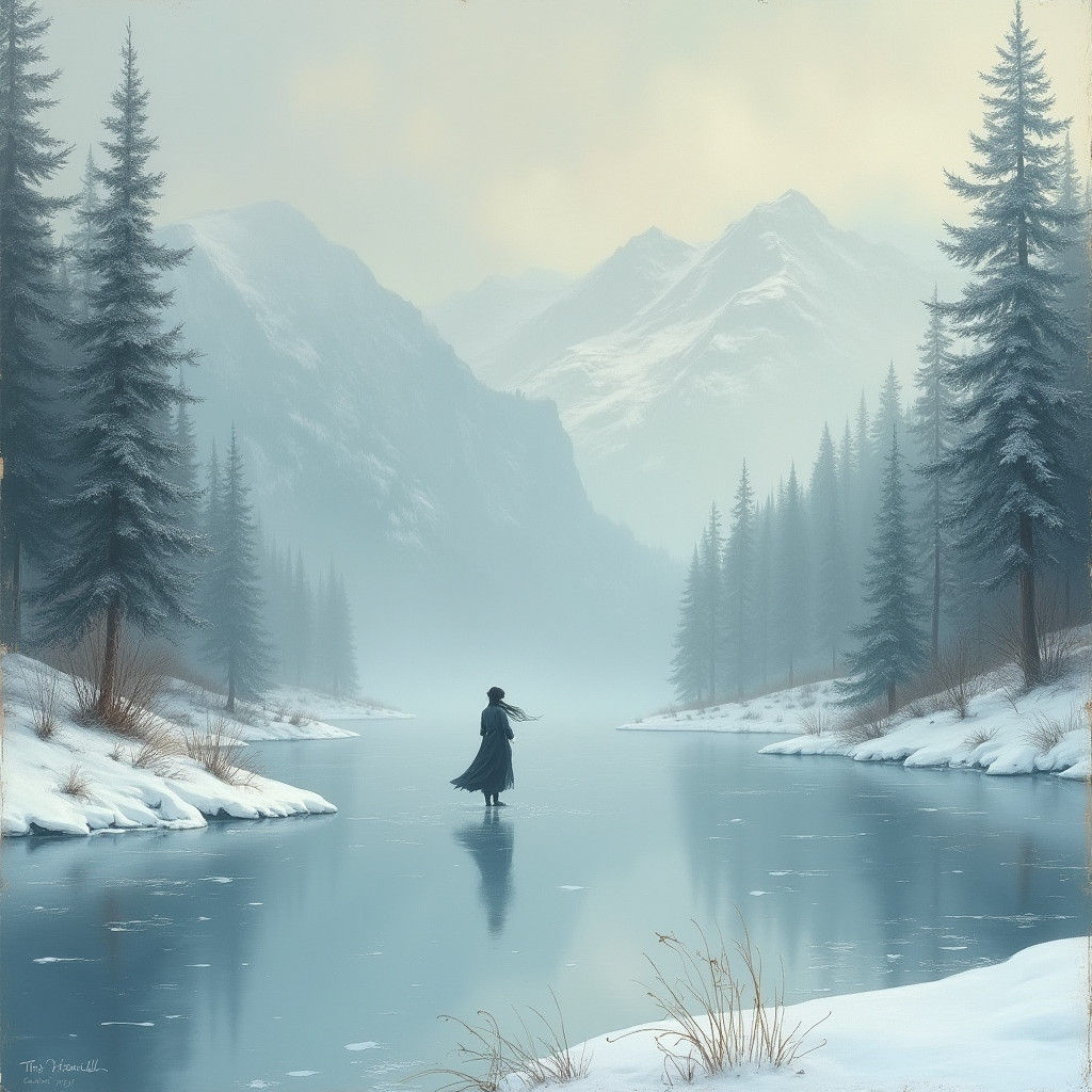 Ethereal Figure Glides on Frozen Lake