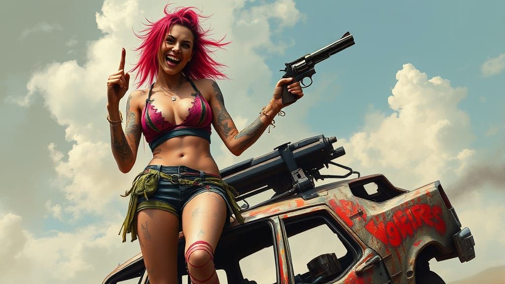 Atom-Punk Survivor With Revolver on Car Wreck