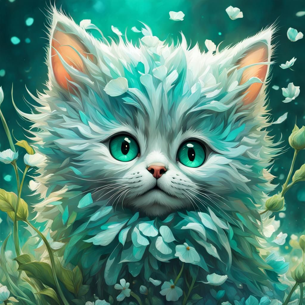 Cute Cat with Flowers in Digital Art Style