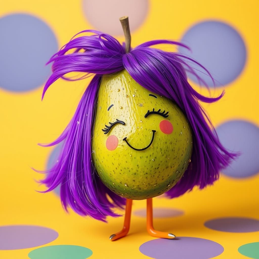 Avocado in Purple Wig: Pop Surrealism Style