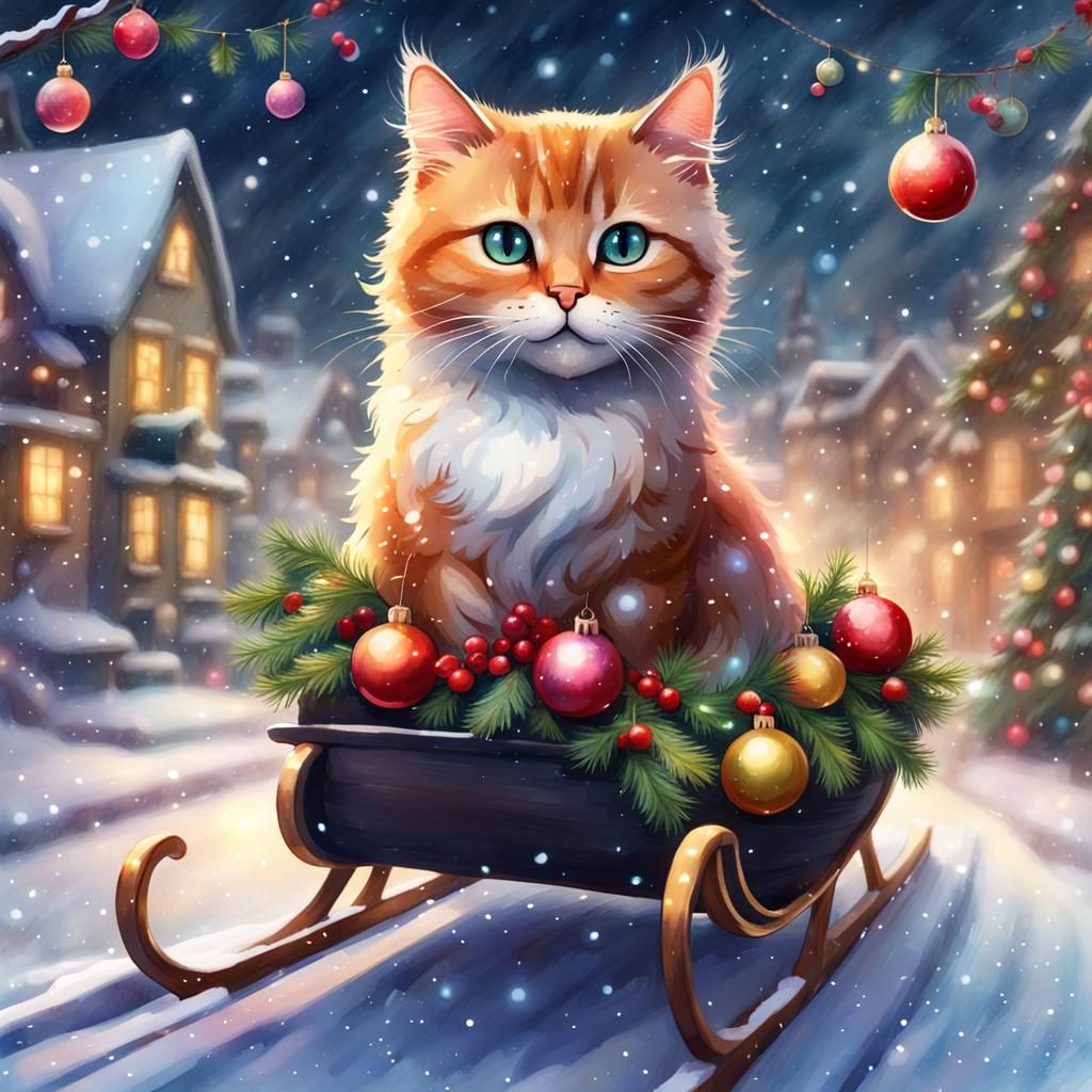 Festive Christmas Cat on Sleigh: Watercolor Illustration