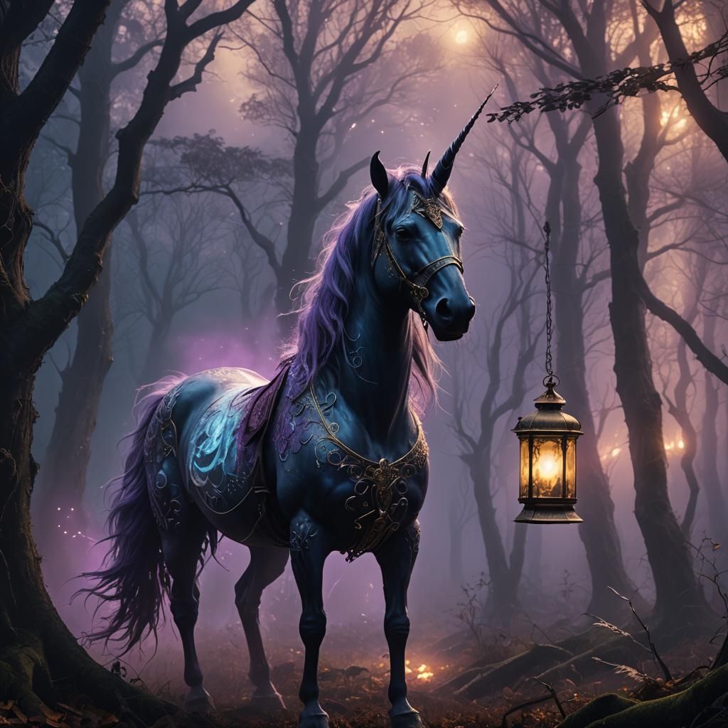 Spooky Unicorn in Eerie Forest: Dark Fantasy Painting