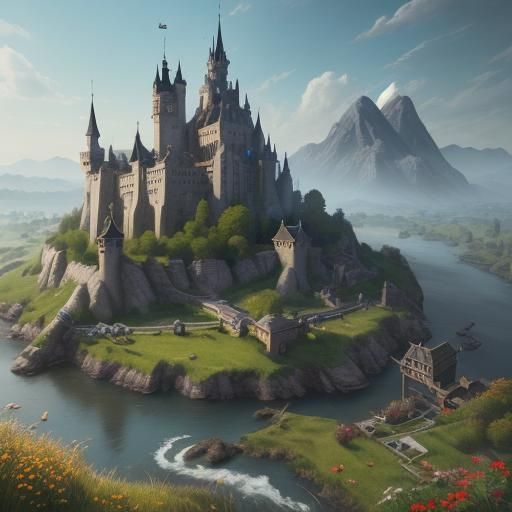Detailed Matte Painting of a Hillside Kingdom