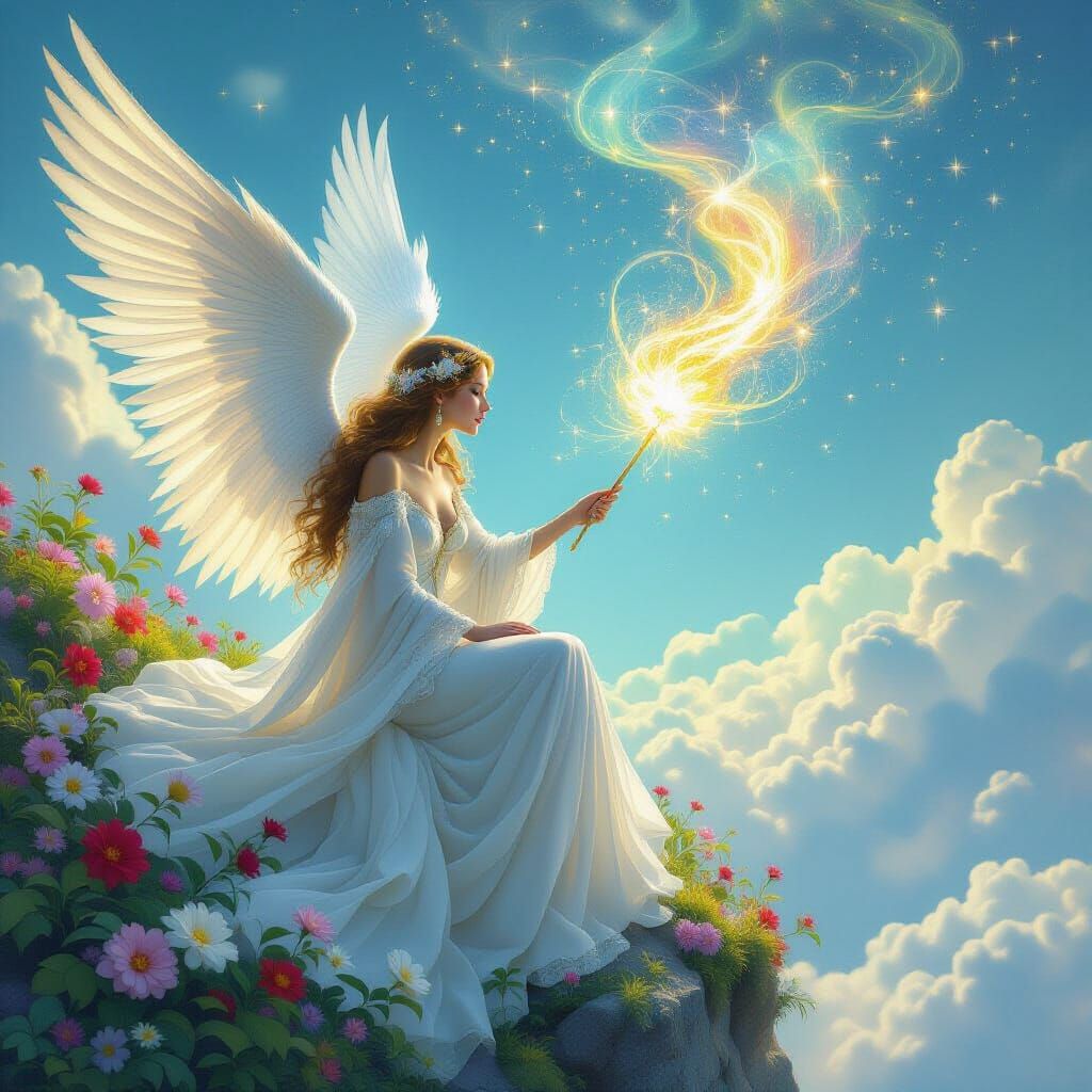 Ethereal Angel Conjures Flowers in Dreamlike Fantasy Art