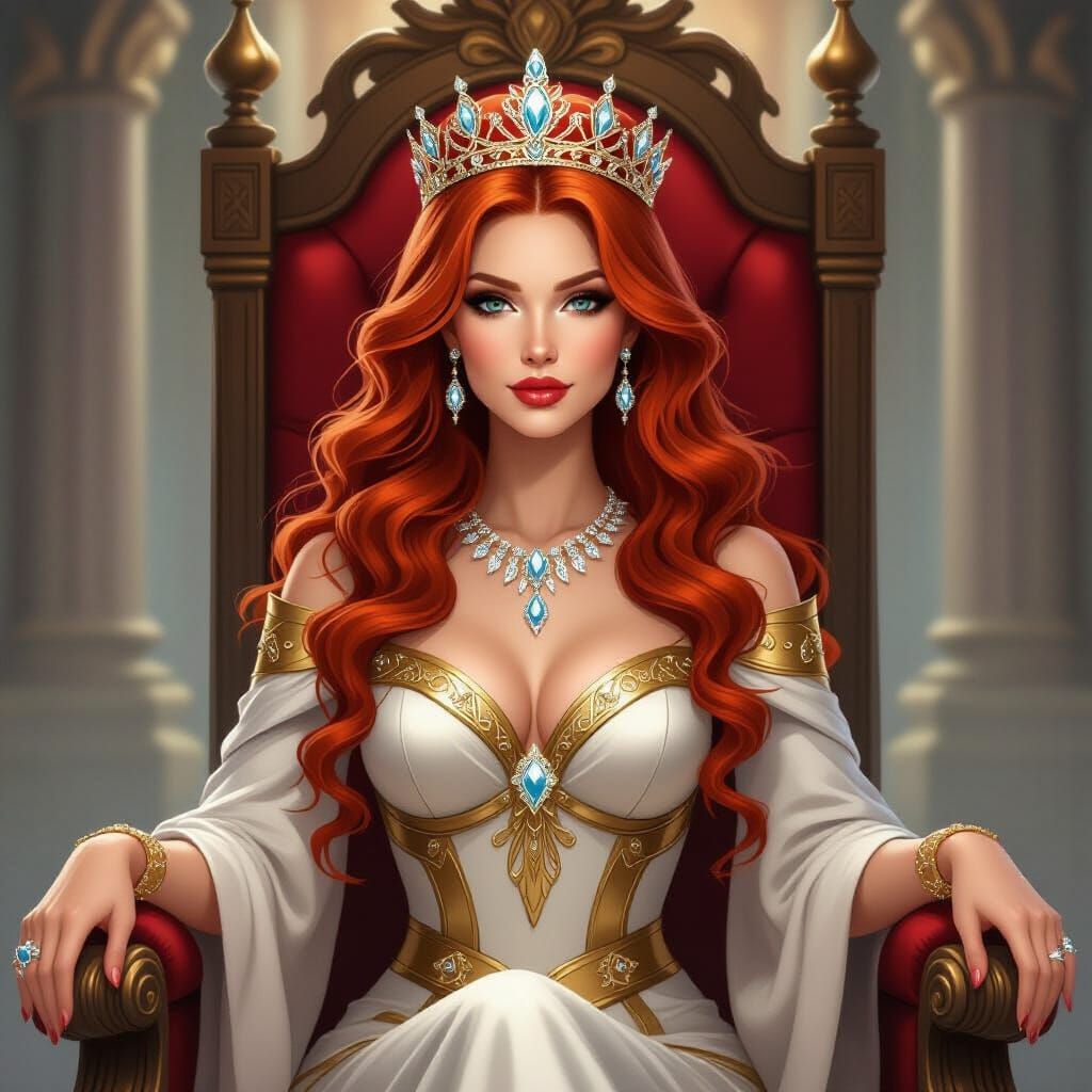 Majestic Red-Haired Queen on Throne with Crown and Tiara
