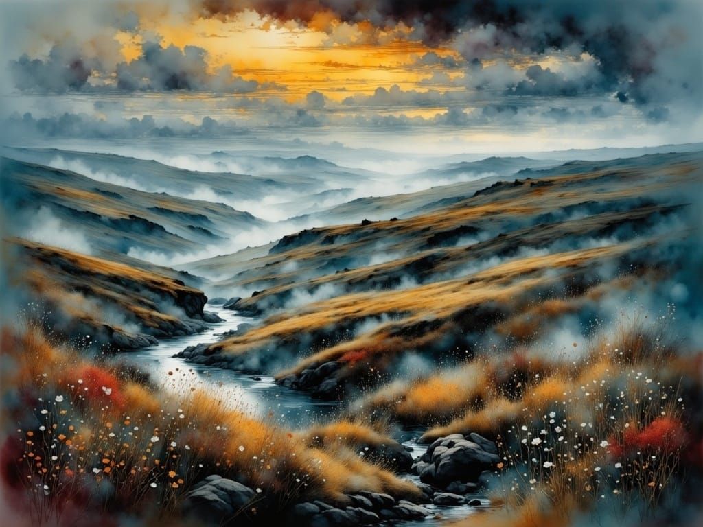 Misty Moorland Landscape in Intricate Detail