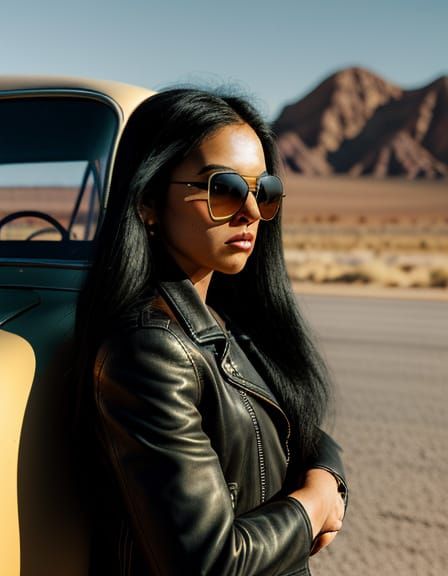 Desert Rose: Woman Leaning on Vintage Car