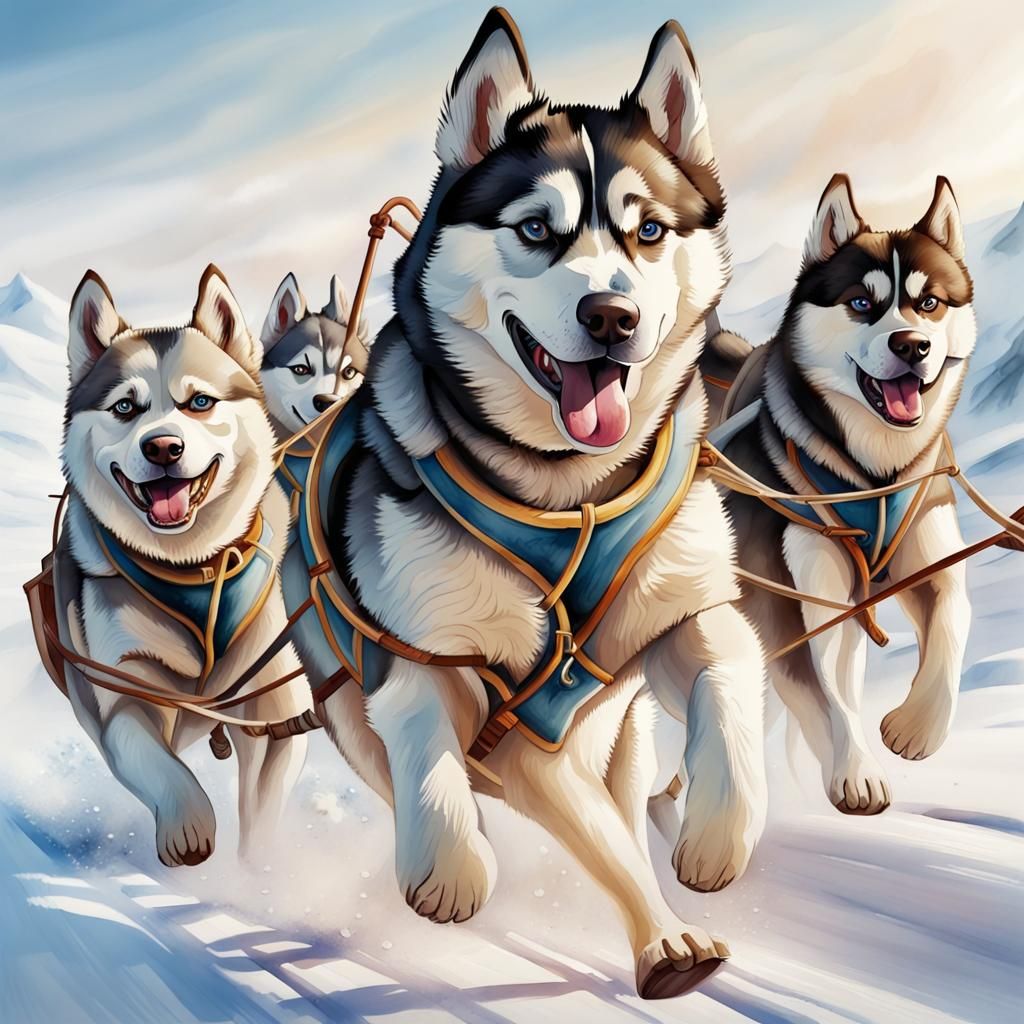 Dog Sledding in the Far North Watercolor