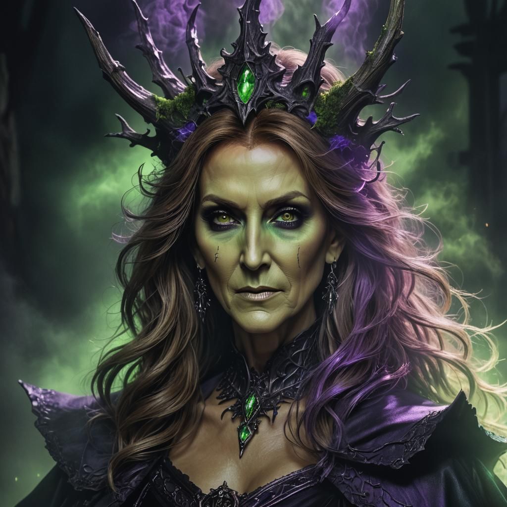 Eerie Celine Dion Witch Portrait in Dark Fantasy Style
