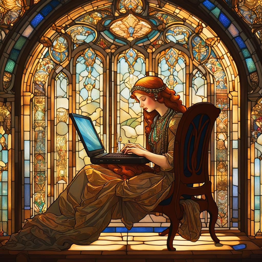Art Nouveau Woman Typing on Laptop