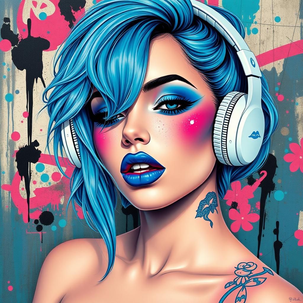 Vibrant Siren with Blue Hair and Lip Tattoo