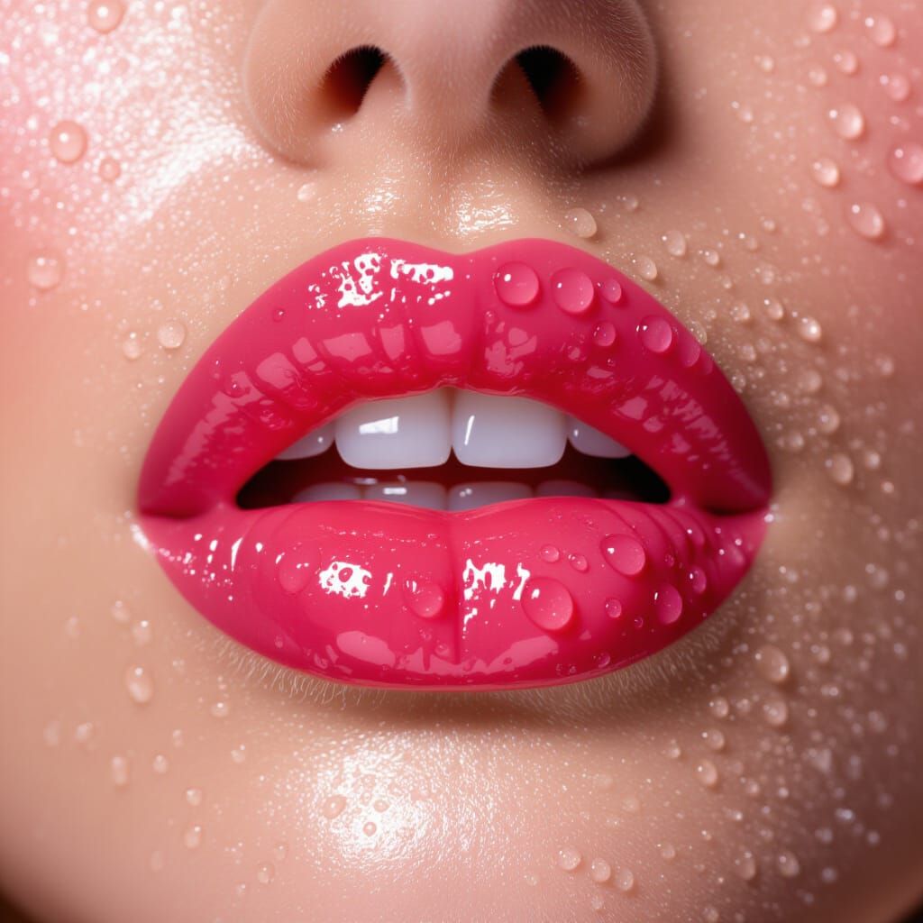 Macro Shot Of Dewy Lips With Glossy Pink Lipstick