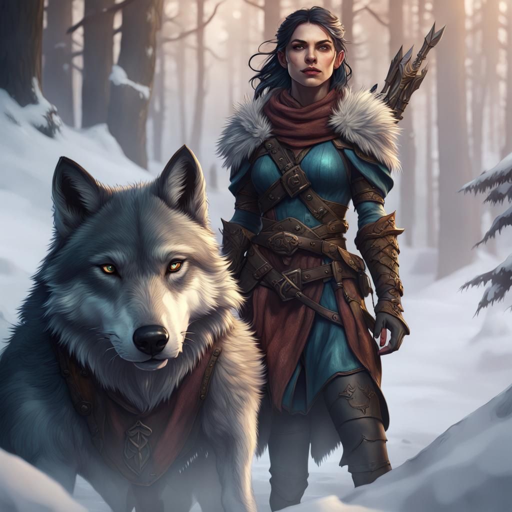 Half Elf Ranger and Wolf Fantasy Art