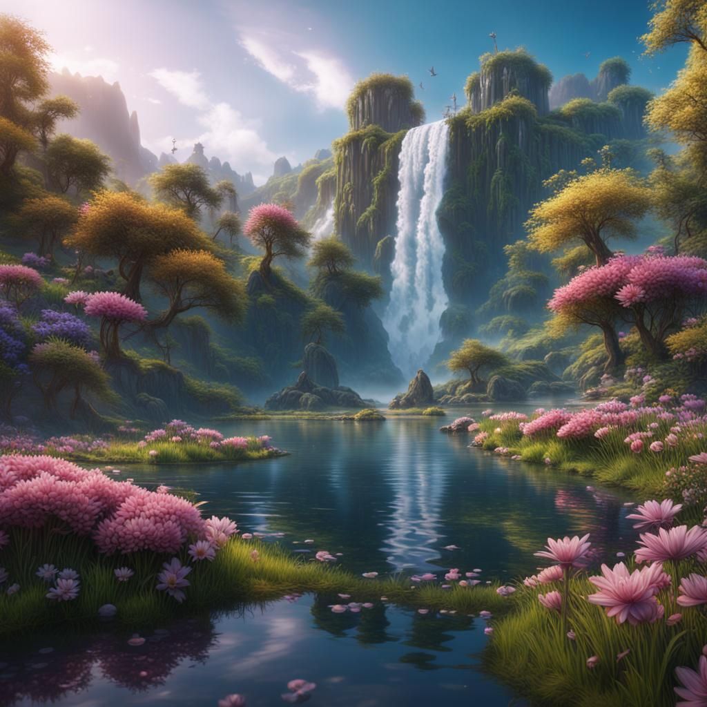Lakeside Waterfall Scenery in Detailed Matte Painting