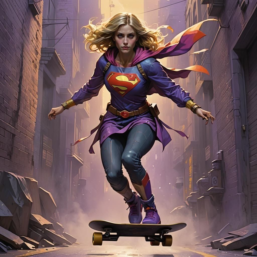 Supergirl Skateboard Art in Dark Fantasy Style